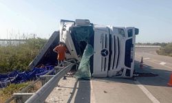 Antalya'da domates yüklü tır devrildi