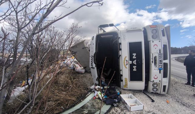 Kontrolden çıkan TIR devrildi