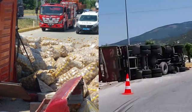 Patates yüklü kamyon devrildi