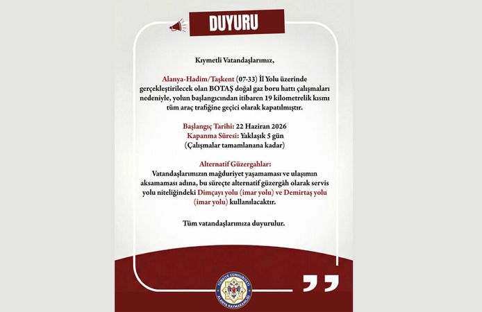 Alanya-Hadim yolu 19 kilometre süreyle kapatıldı