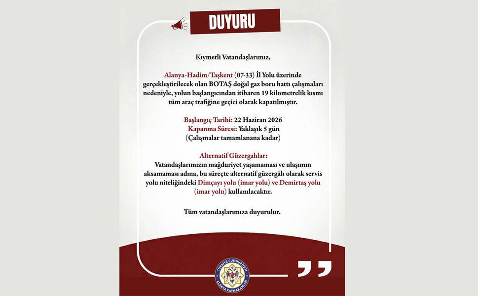 Alanya-Hadim yolu 19 kilometre süreyle kapatıldı